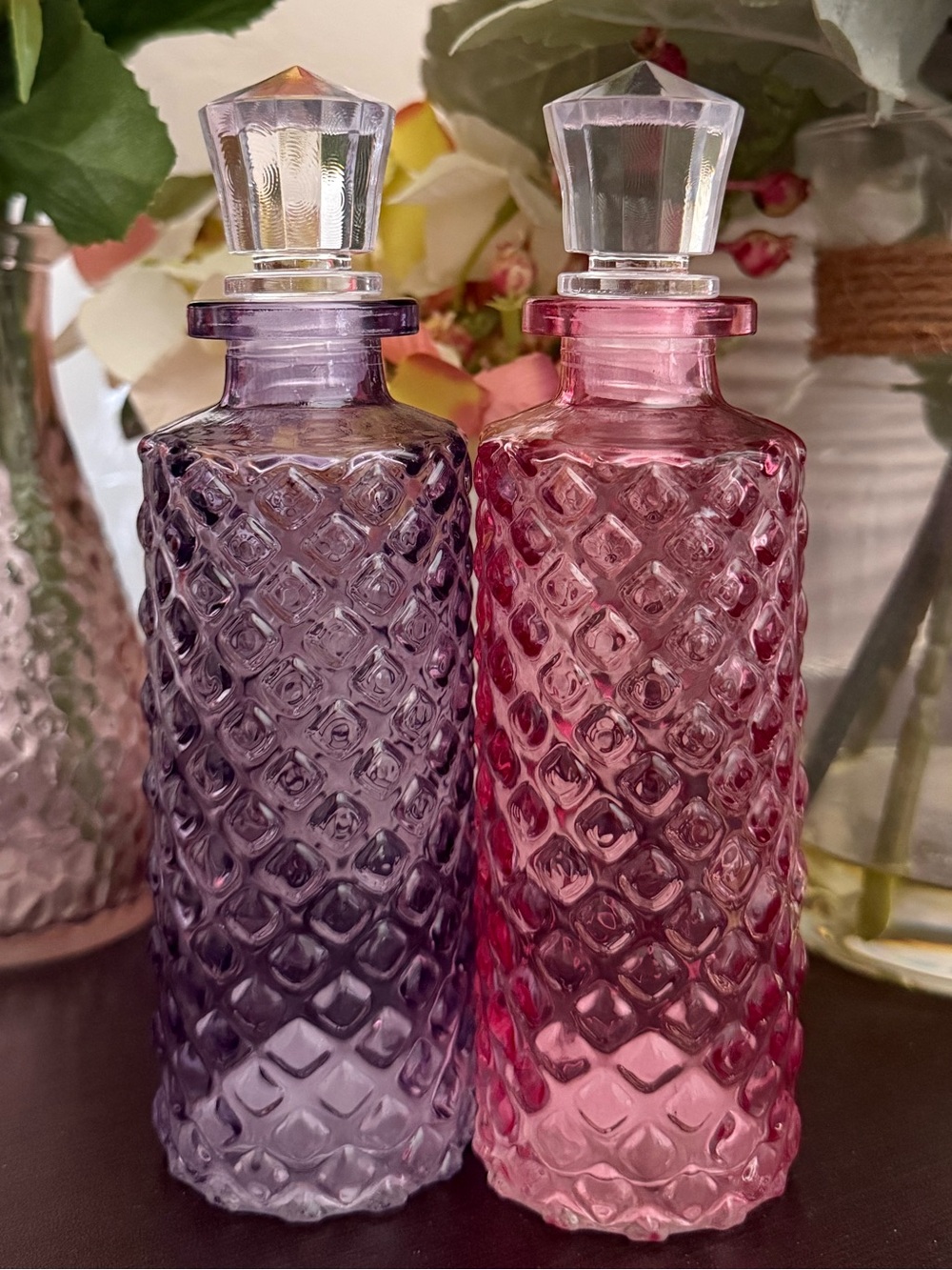🆕🪷 DECORATIVE GLASS BOTTLES WITH LIDS. SET OF 2. BRAND NEW!